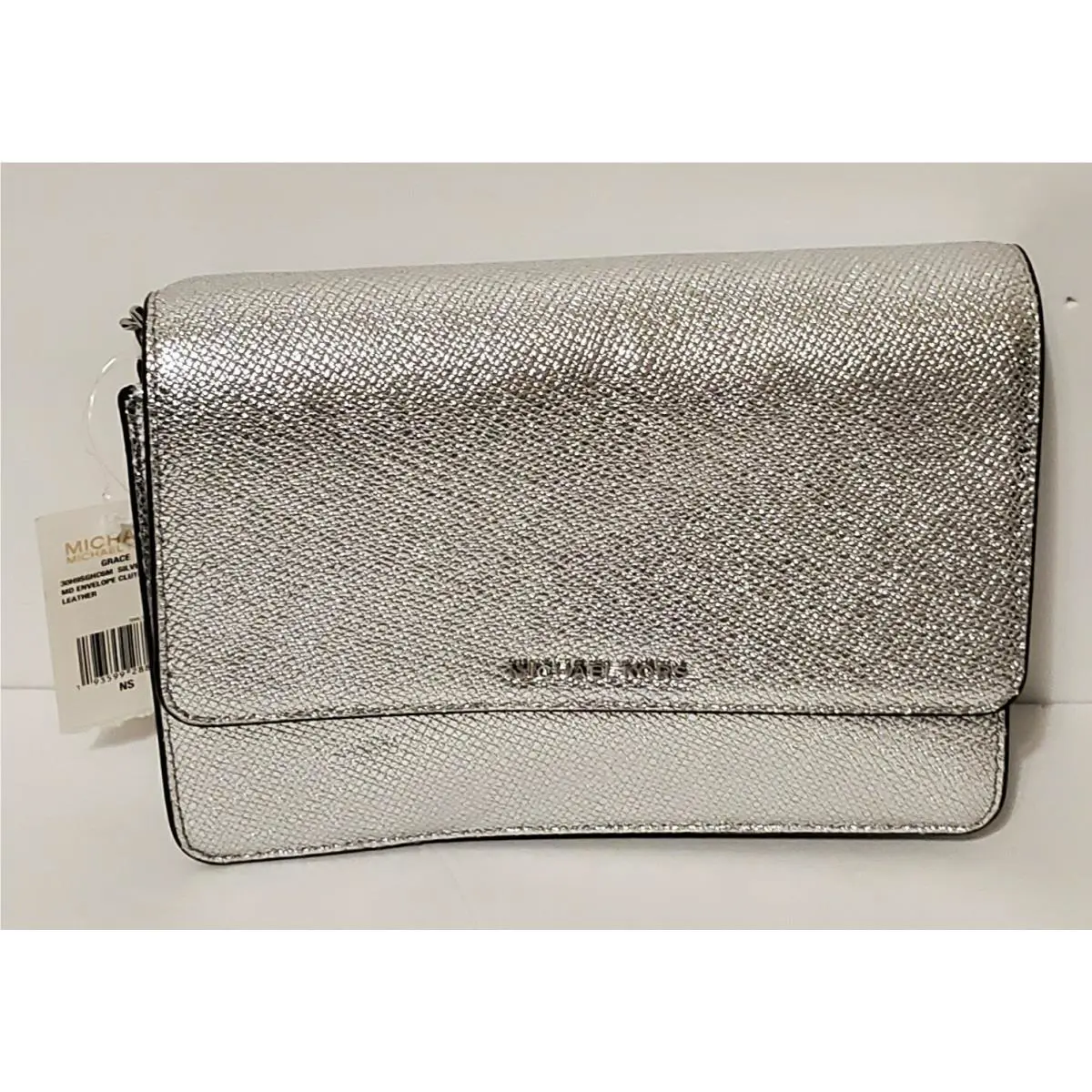 Michael Kors Envelope Clutch Handbag Purse Metallic Silver Leather