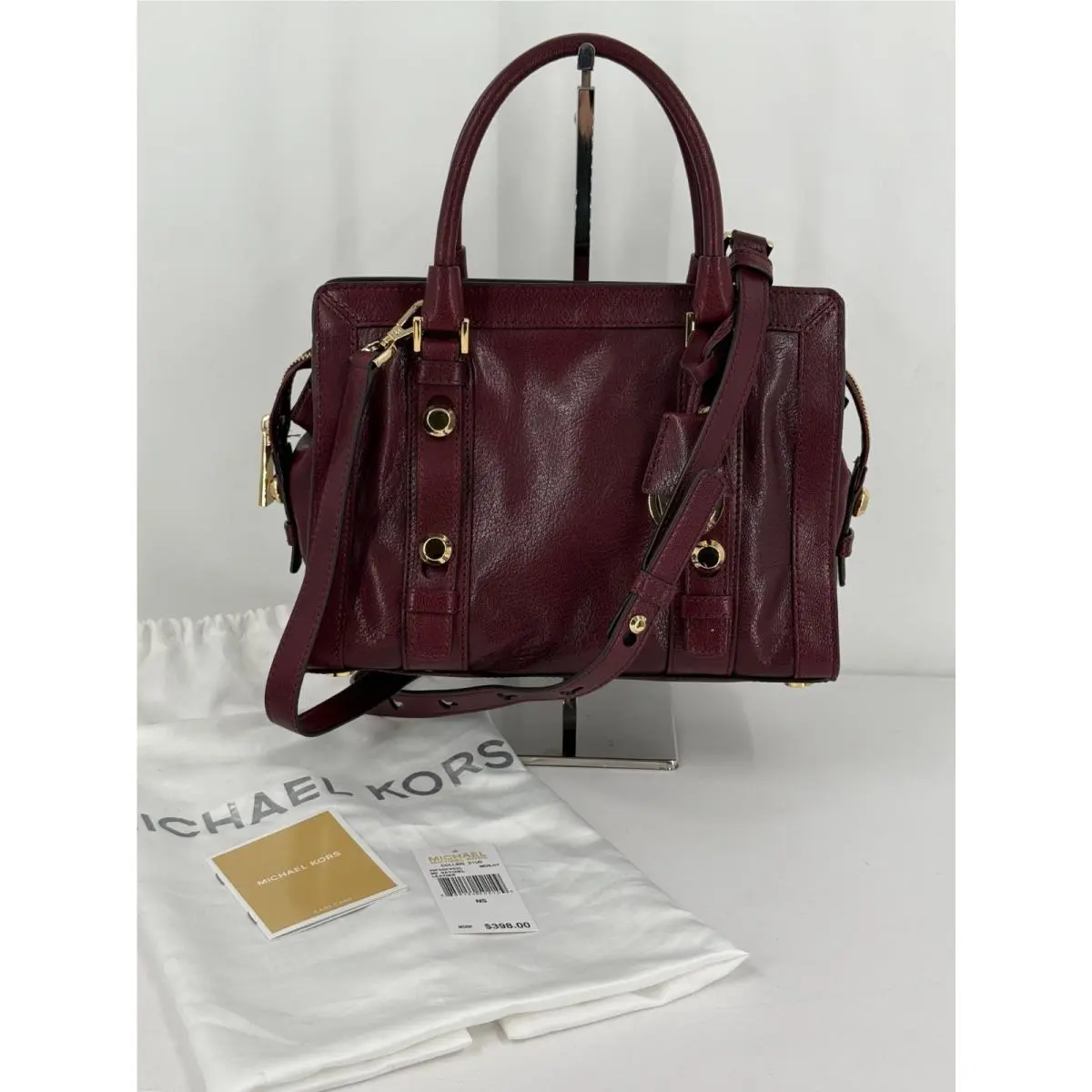 Michael Kors Merlot Red Leather Medium Collins Stud Satchel Bag Purse