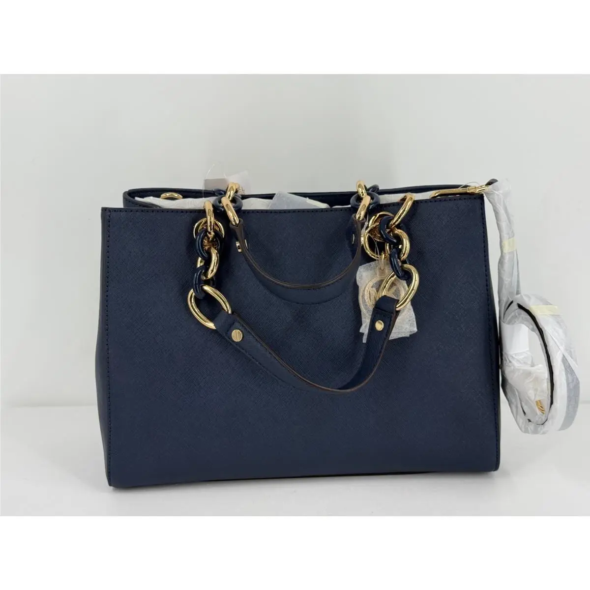 Michael Kors Navy Blue Cynthia Saffiano Leather Medium Satchel Bag Purse