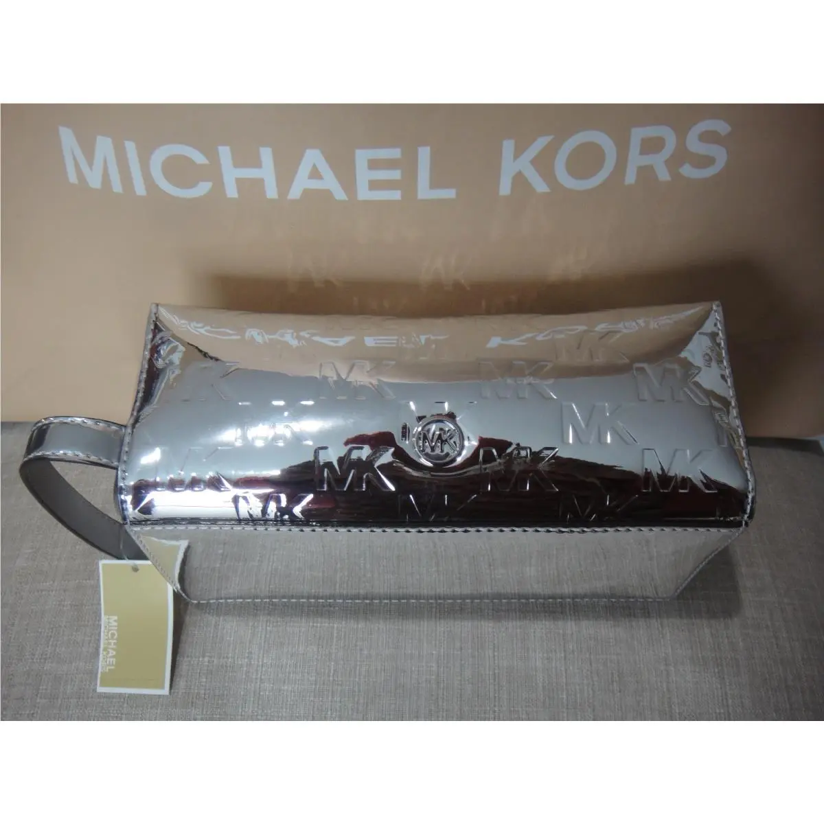 Michael Kors Medium Patent Leather Debossed Silver Makeup /travel Case