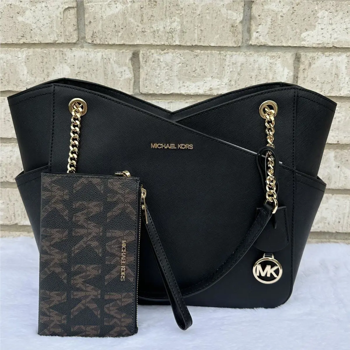 Michael Kors Jet Set Large Black Signature Chain Shoulder Tote Handbag Wallet