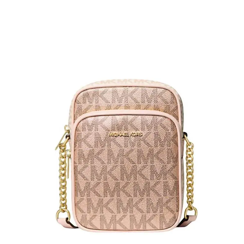 Michael Kors Women Medium Metallic MK Logo Crossbody Bag Rose Gold