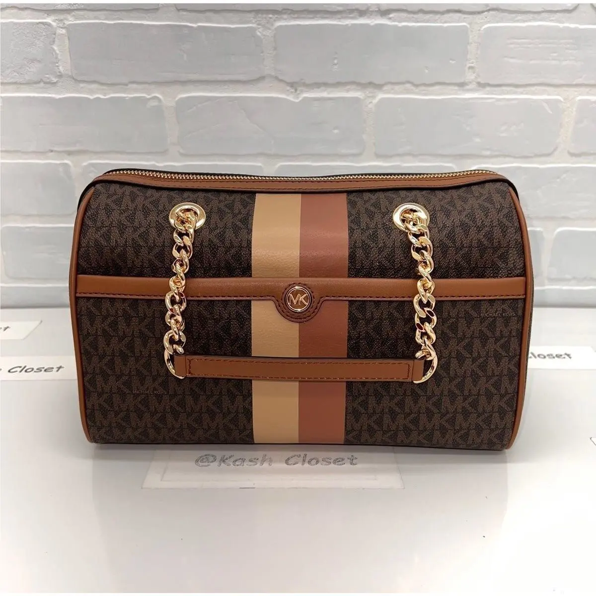 Michael Kors Duffle Bag Blaire Medium Logo Stripe Satchel Bag Brown Luggage