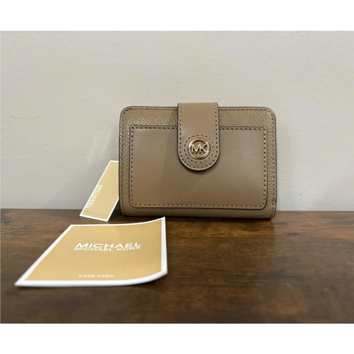 Michael Kors MK Charm Tab Compact Pocket Leather Wallet in Husk