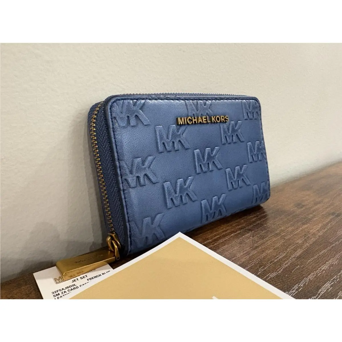 Michael Kors Zip Around Card Case Wallet In French Blue MK Logo Embossed Leather
