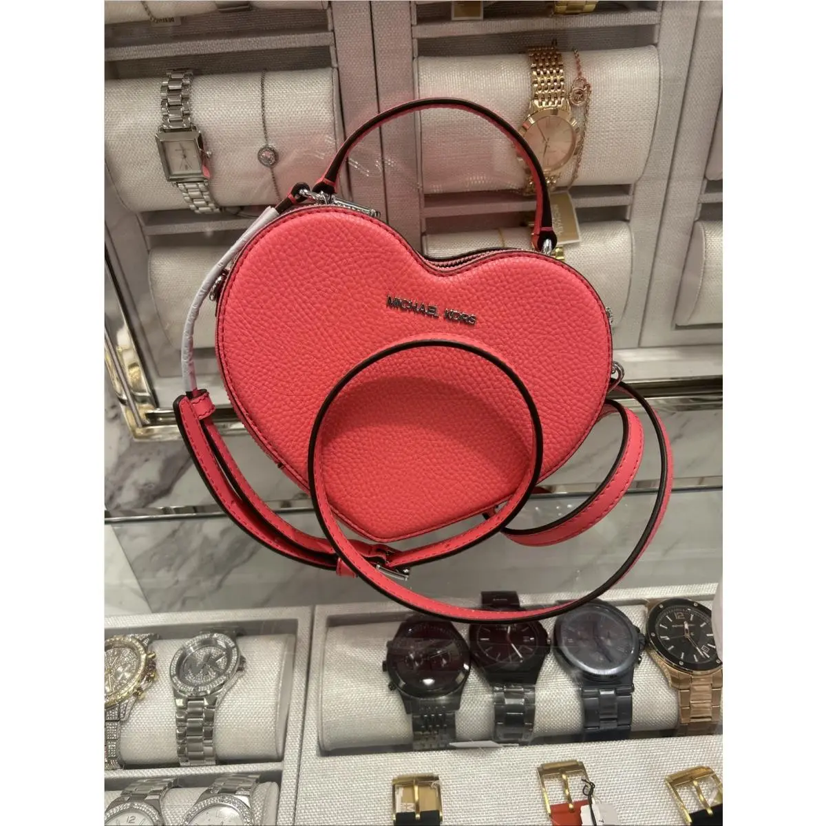 Michael Kors Heart Shaped Jet Set Crossbody Hand Bag Purse Hibiscus Pink