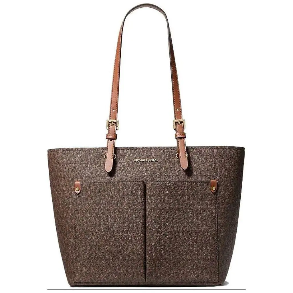 Michael Kors Travel Medium Double Pocket Leather Tote Handbag - Exterior: Brown