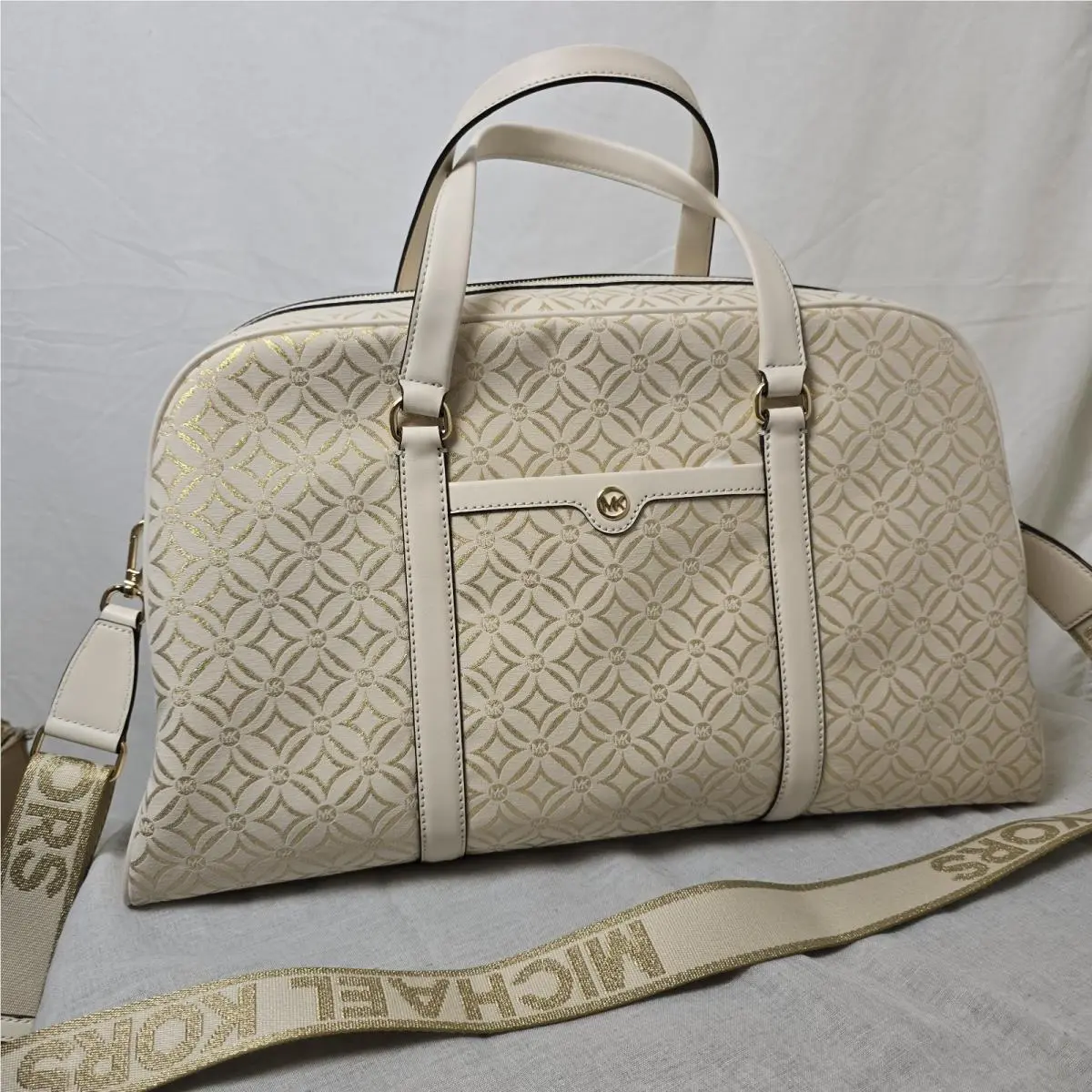 Michael Kors Jet Set Travel XL Weekender Bag Metallic Jacquard Gold Cream