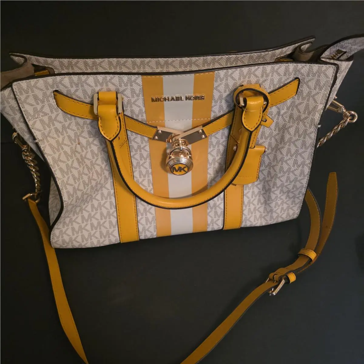 Michael Kors Nouveau Hamilton Large Satchel Handbag Logo Print Yellow Trim