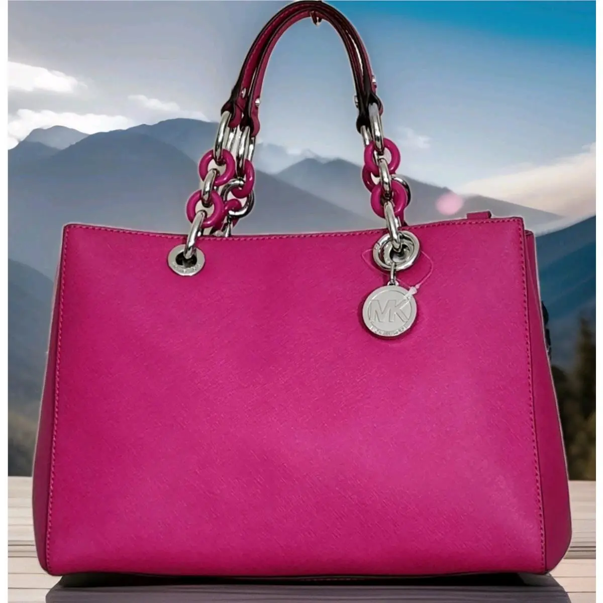 Michael Kors Cynthia Fuchsia Pink Silver Saffiano Leather Med Satchel Bag