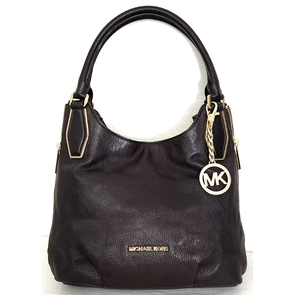 Michael Kors Vanessa Coffee Brown Leather Gold Side Zippers Tote Bag