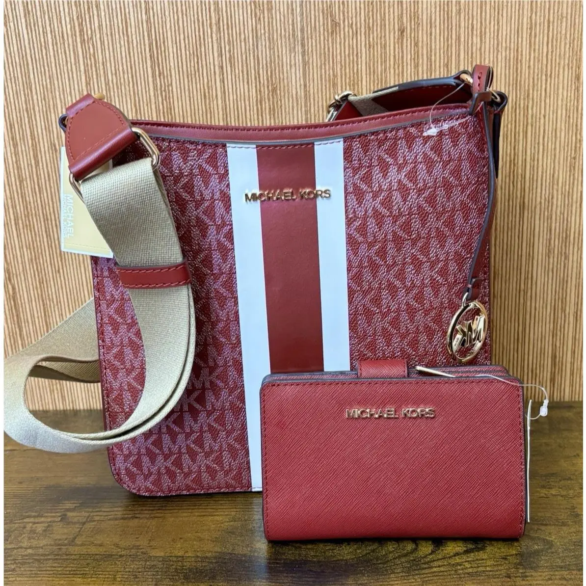 Michael Kors Jet Travel Small Shoulder Messenger Crossbody Bag Cherry Wallet Set