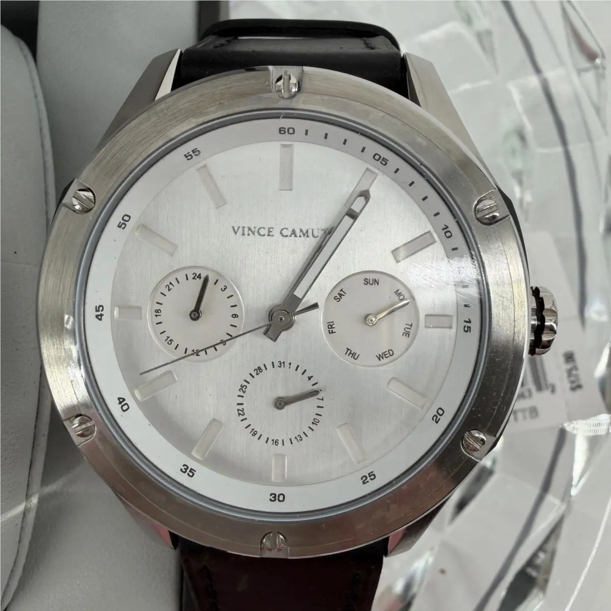 Men Falco Stainless Steel Silver Dial Blk Leather Band by Vince Camuto