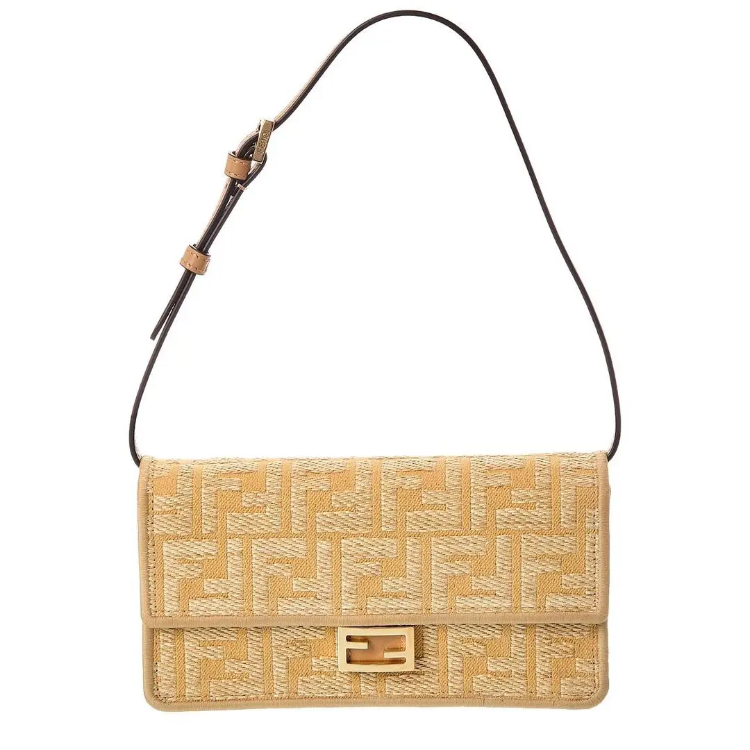 Fendi Baguette Ff Jacquard Raffia Leather Wallet On Chain Women`s Beige