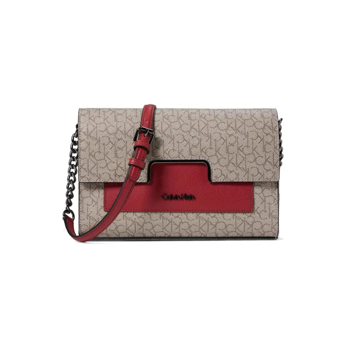 Calvin Klein Womens` Monogram Flap Crossbody Bag Mini Texture Almond/taupe/ruby