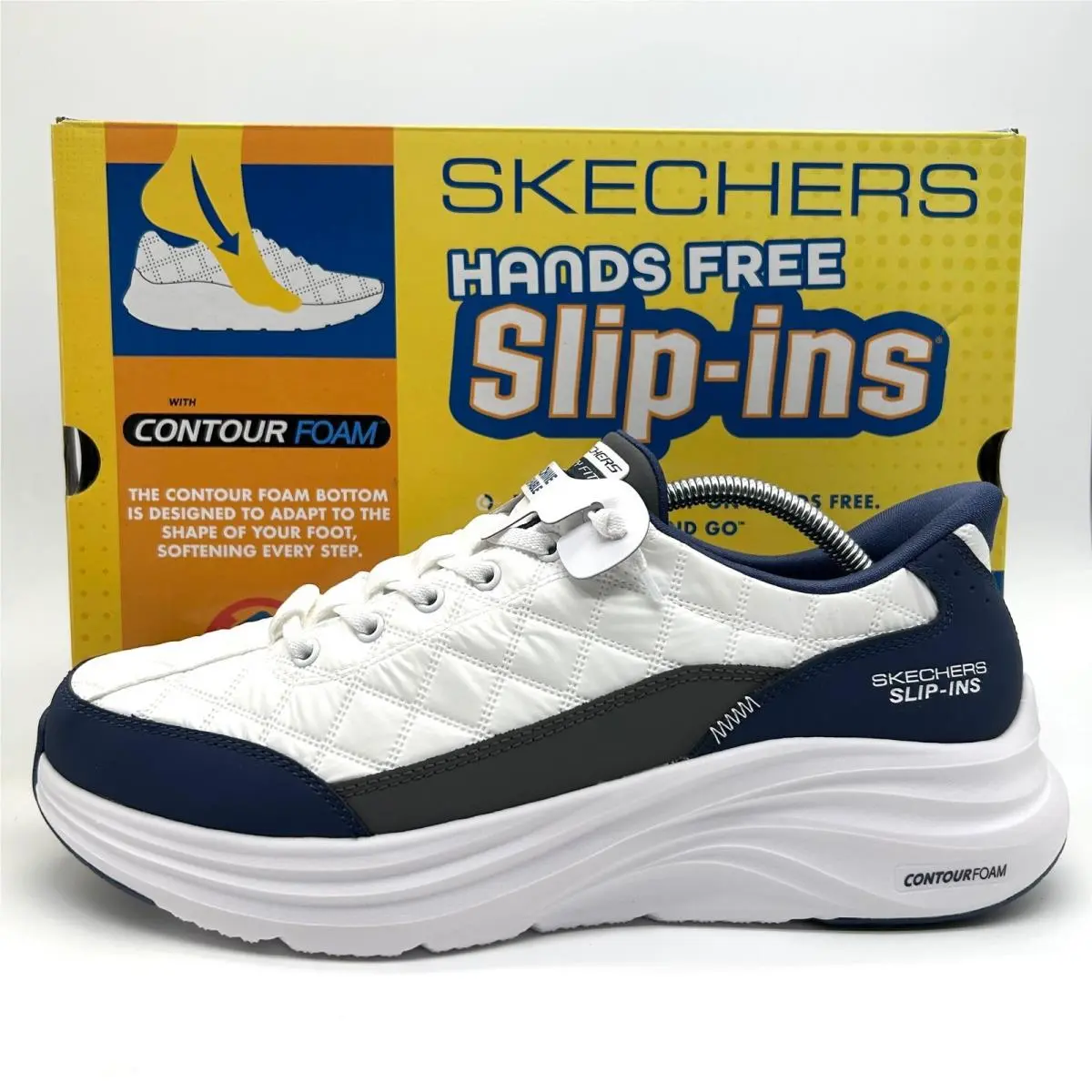 Skechers Contour Foam Cozy Fit Shoes Men 10.5 White Navy Slip-in Quilted Sneaker
