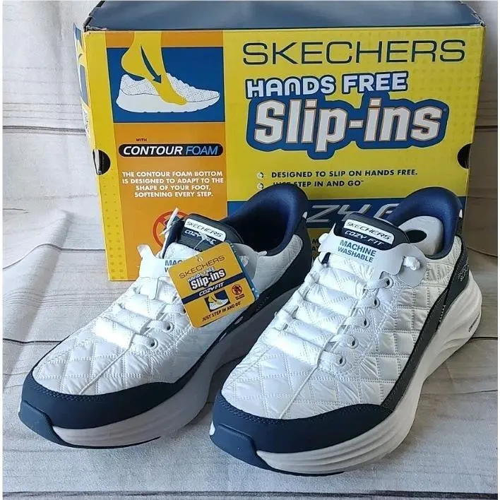Skechers Slip-ins Cozy Fit White/navy Machine Washable Lace Up Size 10.5