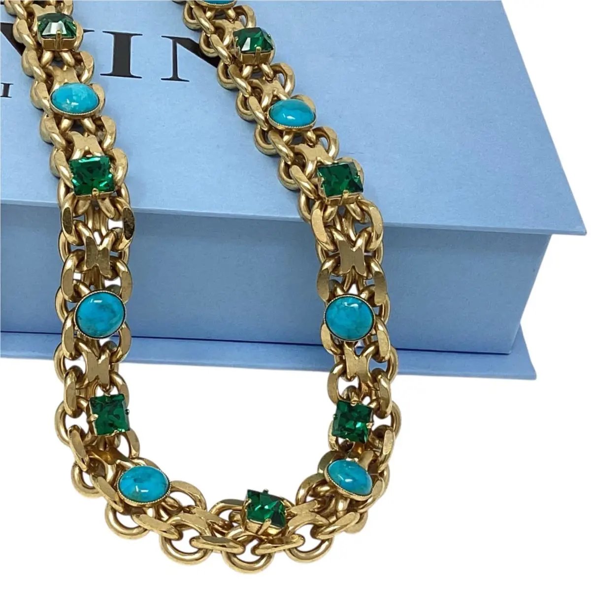 Lanvin Paris Long Necklace / Belt Gold-tone Turquoise Green Crystal + Box