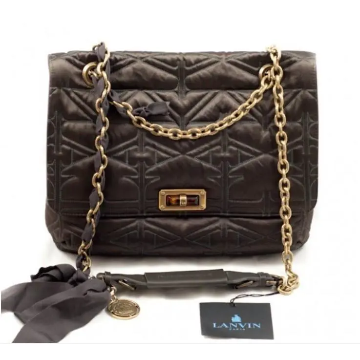 Lanvin Paris Handbag Brown Quilted Shoulder Bag Satin Matelasse Happy w Tags