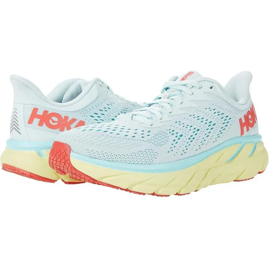 Hoka One One Clifton 7 Road Running Sneakers Light Blue Mesh Women`s Size 10.5 B - Morning Mist / Hot Coral