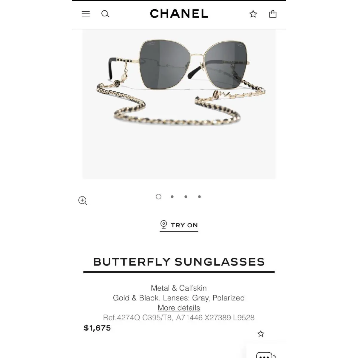 675 Chanel Butterfly 4274Q Aviators Sunglasses with CC Chain 59-16-135