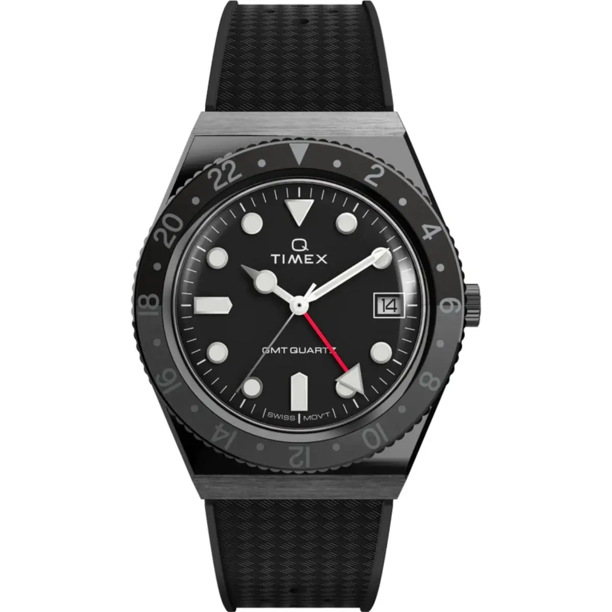Men`s Watch Q Gmt Quartz Black Dial Synthetic Rubber Strap Date TW2V38200 by Timex