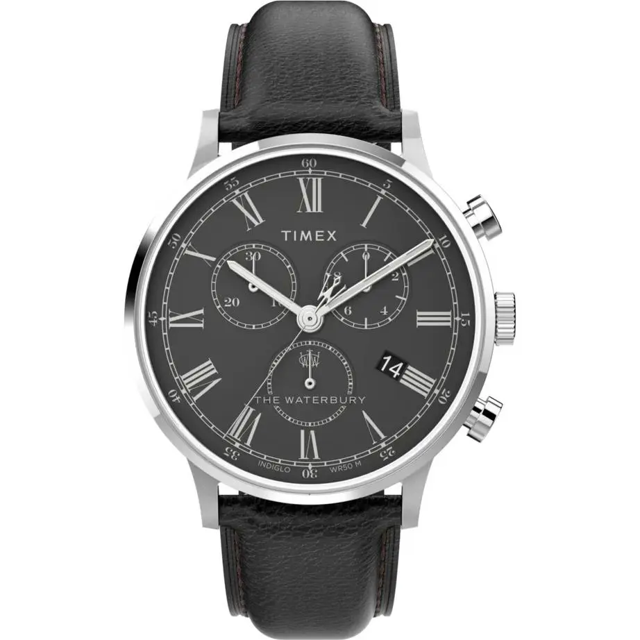 Timex Waterbury Classic Chronograph 40mm Leather Strap Watch - Dial: Black, Band: Black, Bezel: Silver