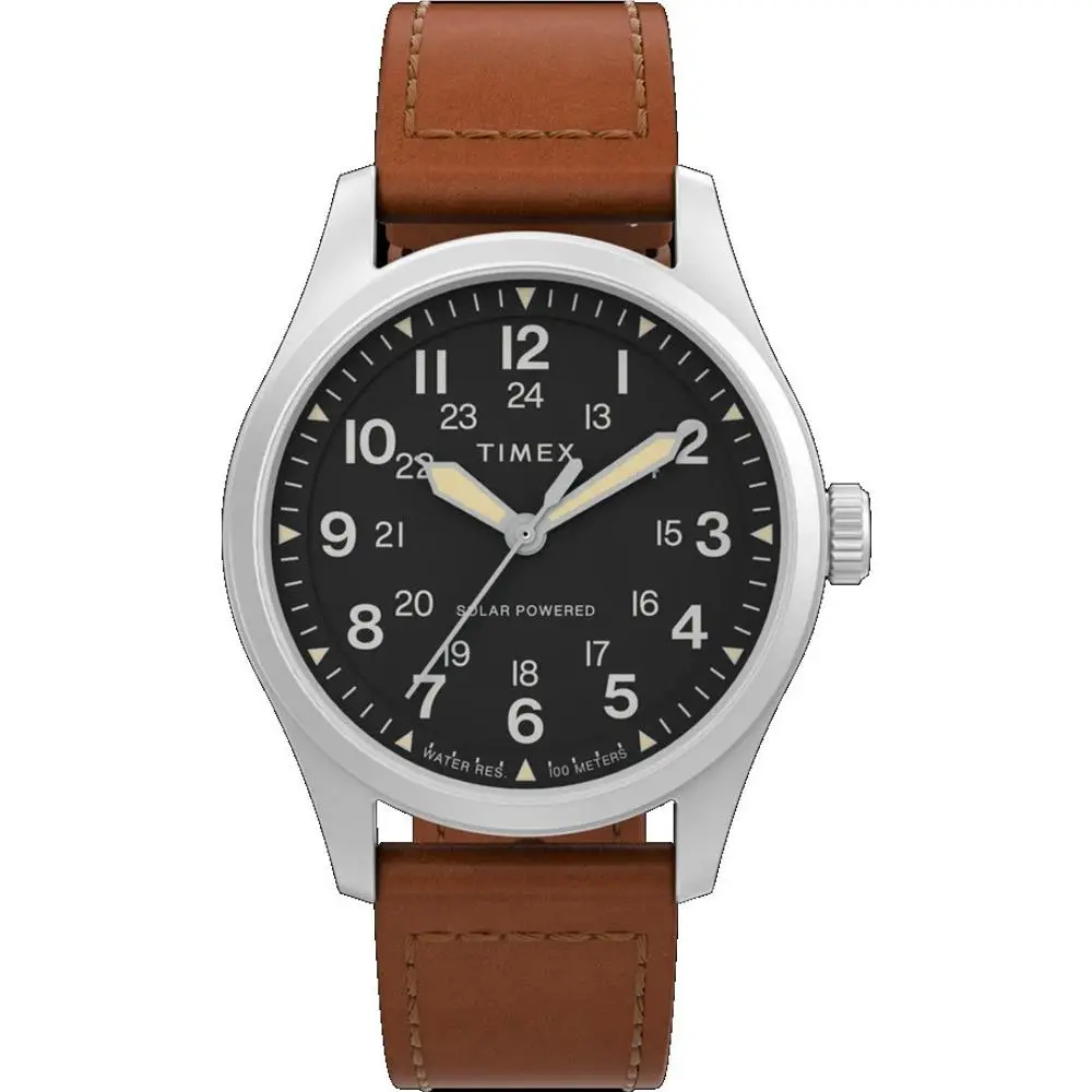 Timex TW2V00200 Men`s Expedition North Field Leather Band Solar Analog Watch - Dial: Black, Band: Brown, Bezel: Silver
