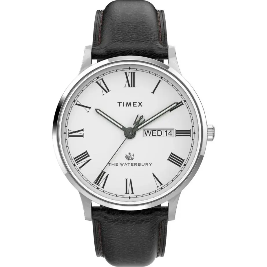 Timex Waterbury Classic Day/date 40mm Leather Strap Watch - Band: Black, Bezel: Silver