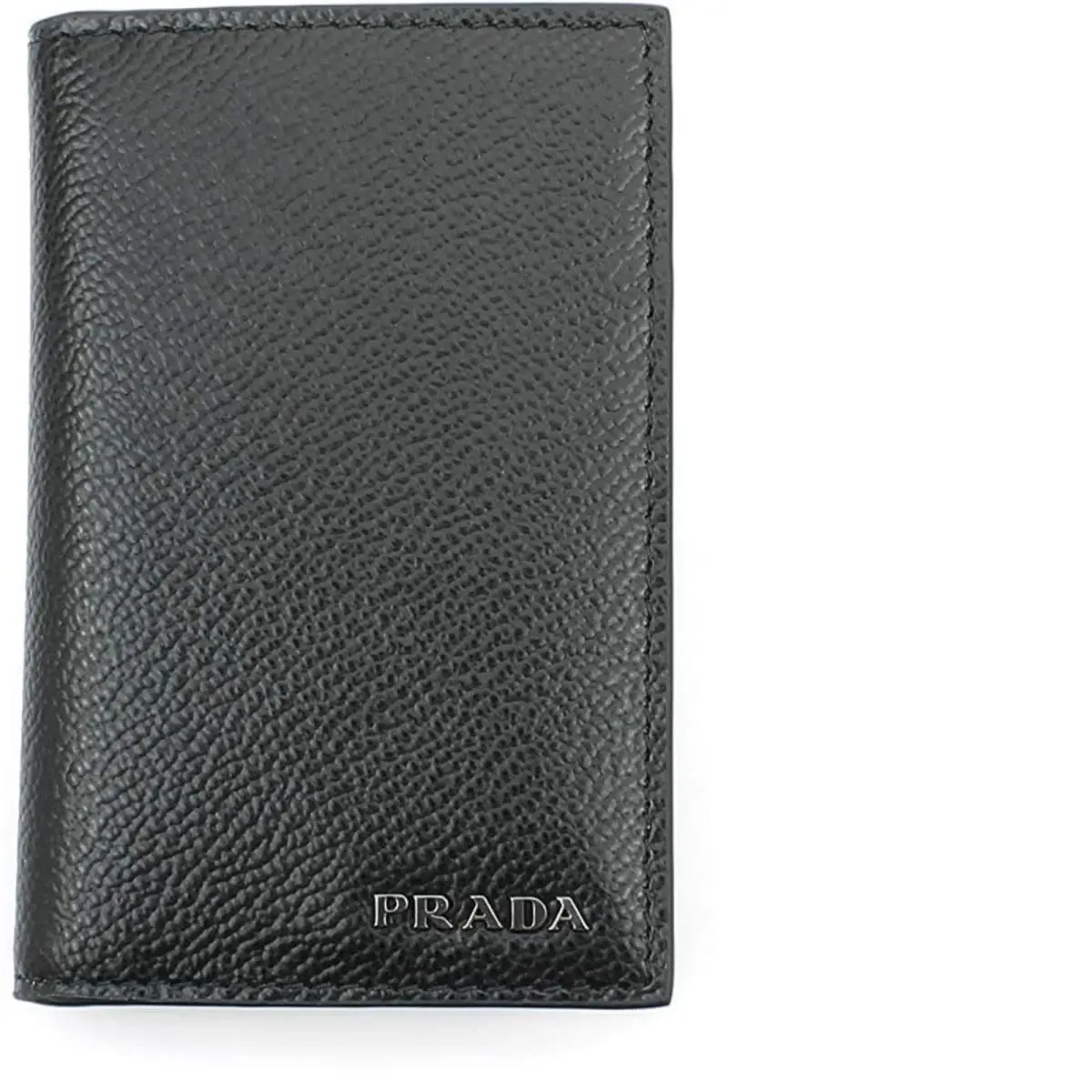 Prada Men`s Vitello Micro Grain Black Leather Vertical Bifold Card Holder Silver