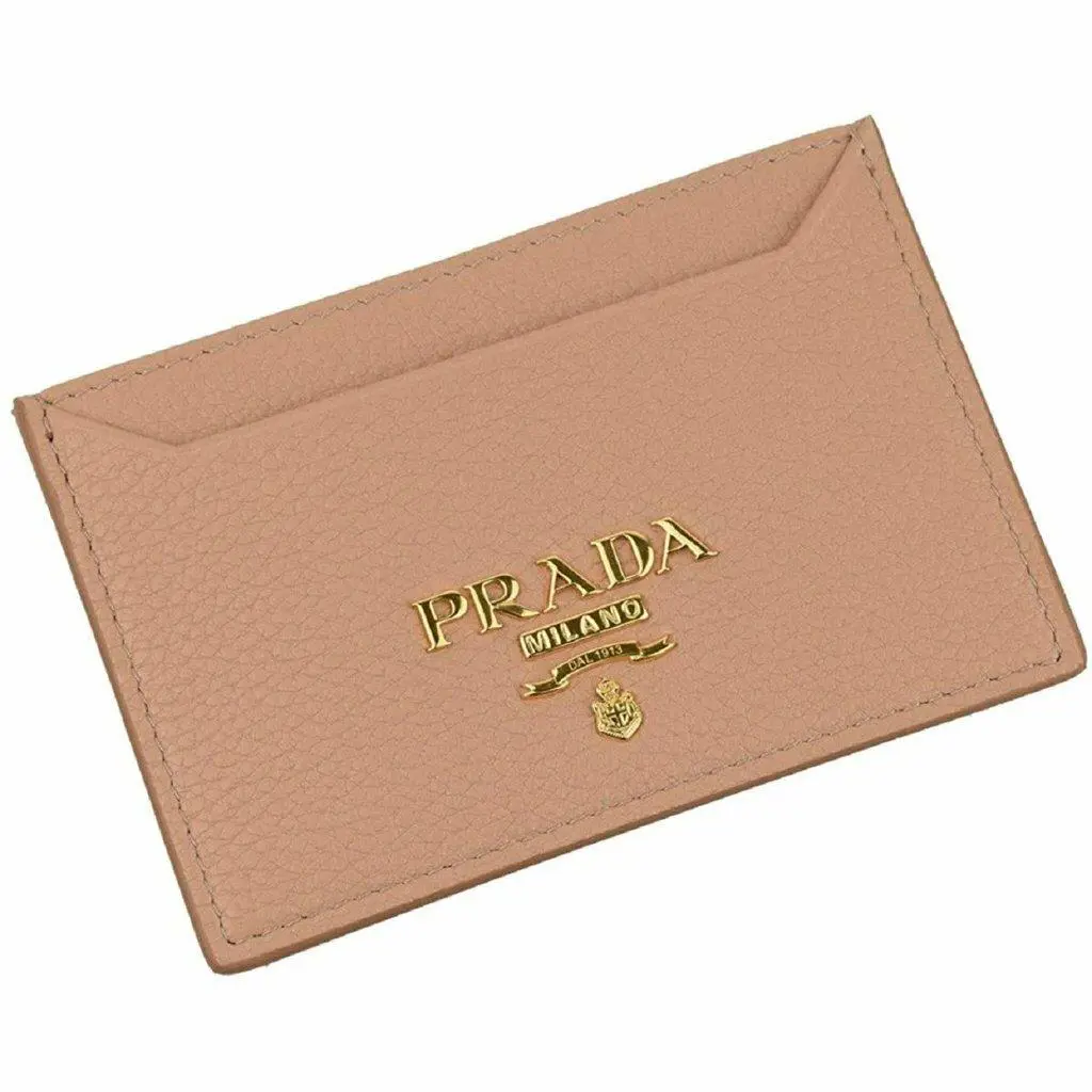 Prada Vitello Grain Leather Card Holder Wallet Cipria Beige Gold Logo