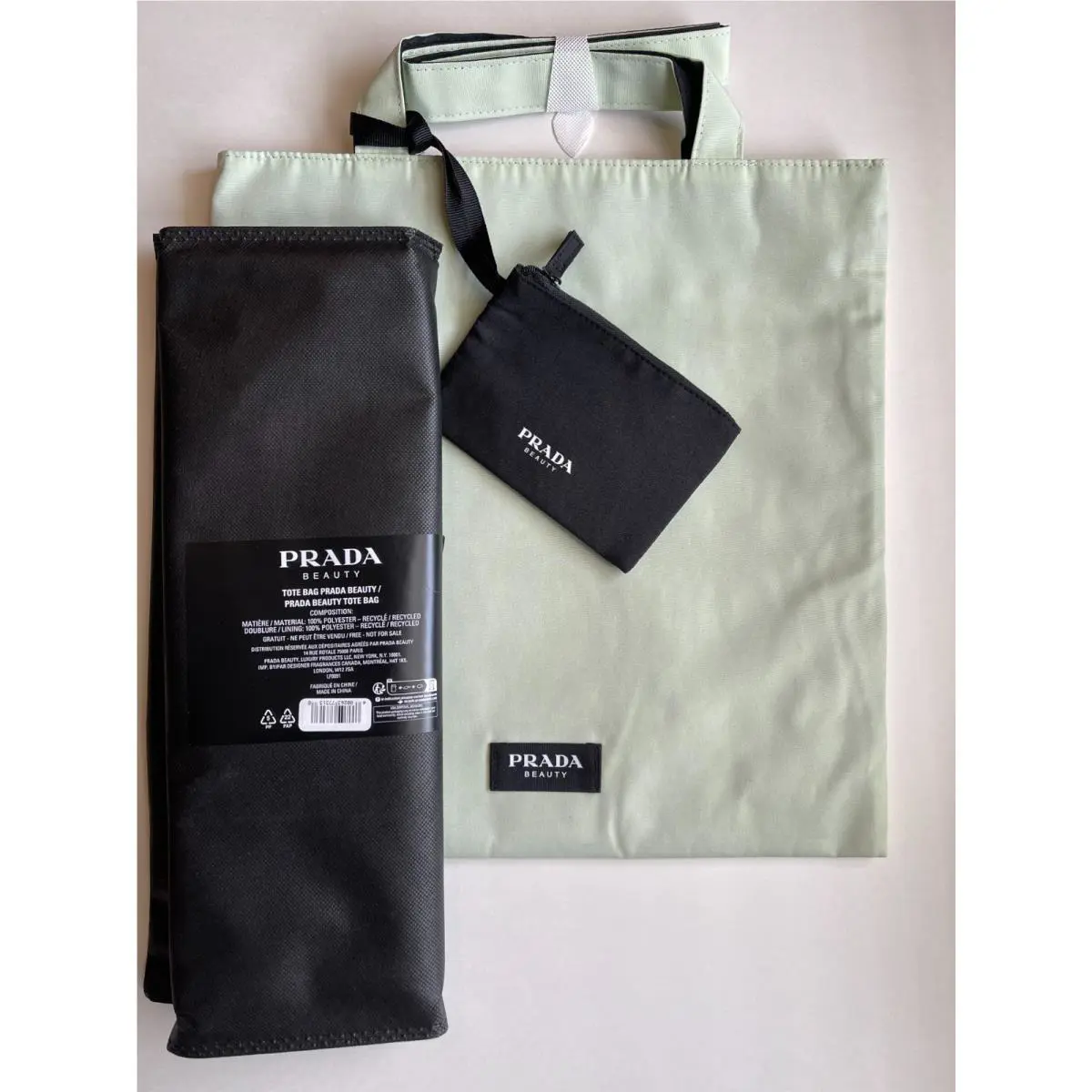 Prada Beauty Shoulder Tote Shopping Bag Pouch Light Green Black Reversible
