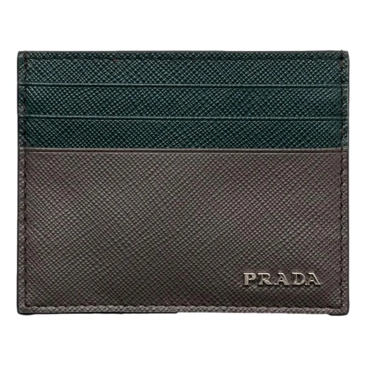 Prada Dark Green Gray Saffiano Leather Card Holder Wallet