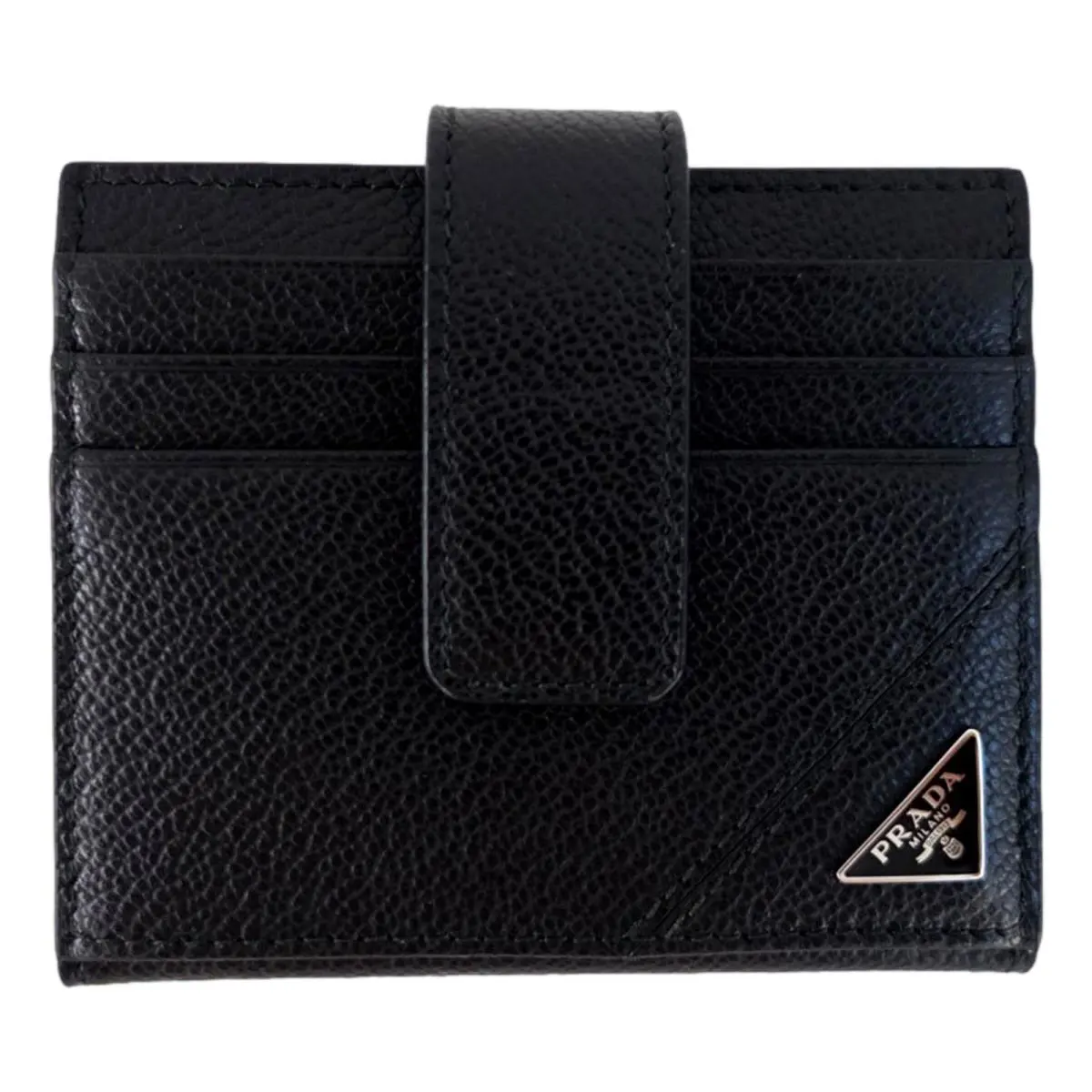 Prada Black Vitello Grain Leather Card Bifold Wallet Snap Silver Logo Italy