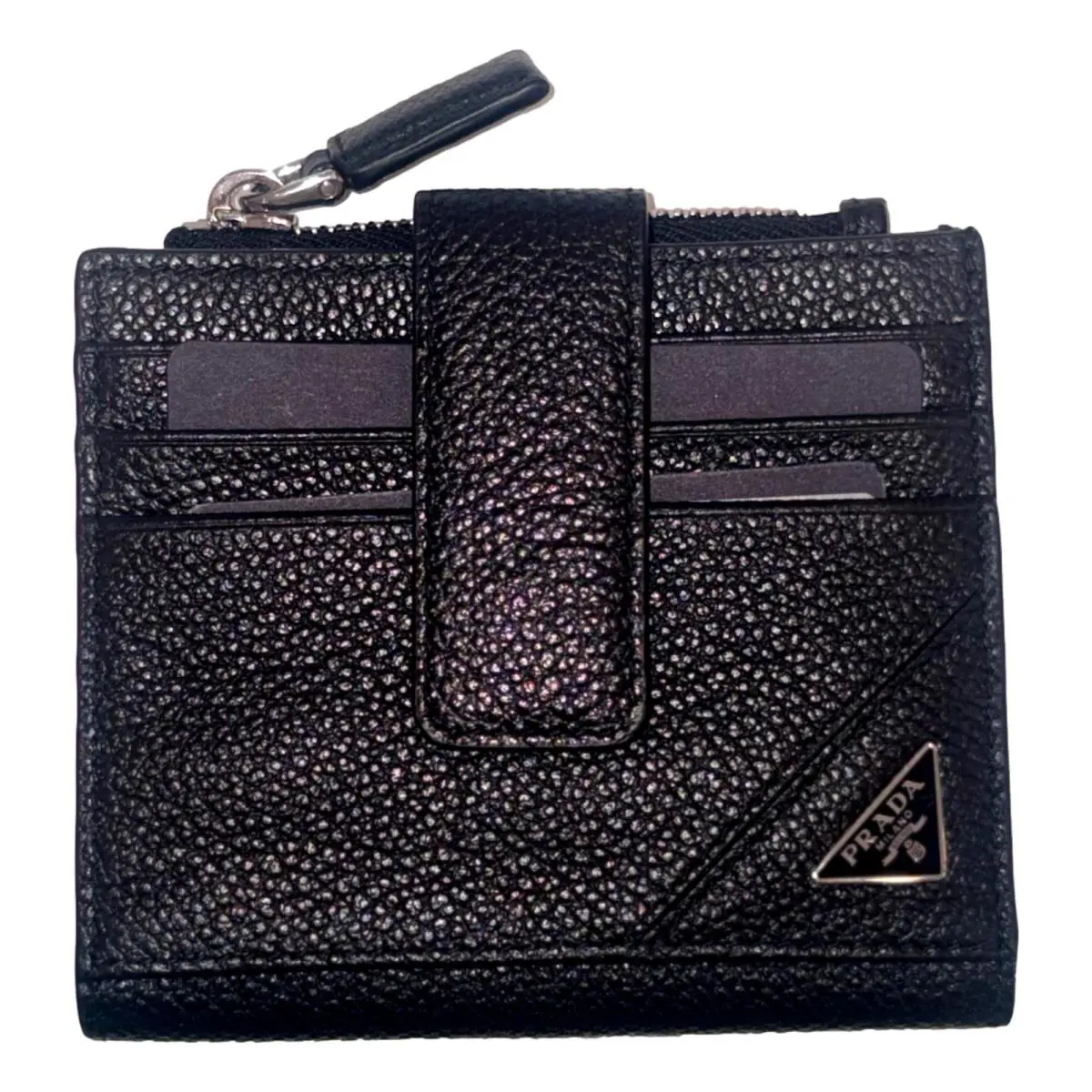 Prada Black Vitello Grain Leather Card Case Bifold Wallet with Zipper Pouch