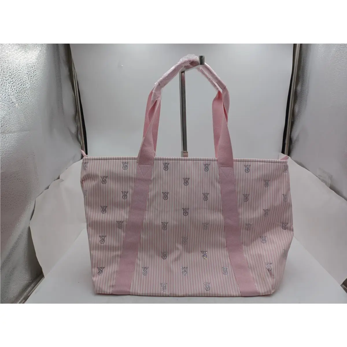 Victoria Secret Heritage Stripe Tote Bag-pink/white W Rhinestone Monogram