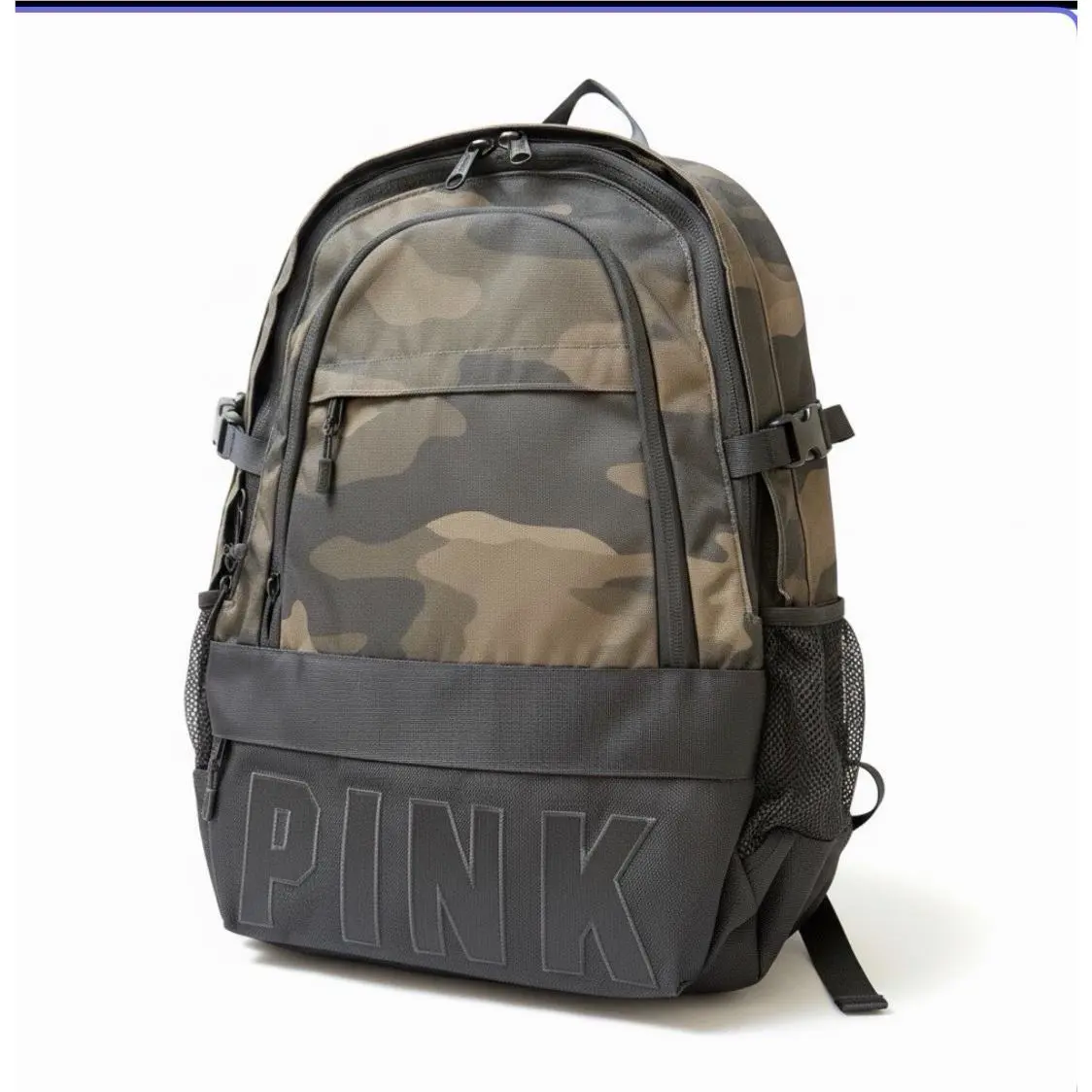 Victoria`s Secret Pink Logo Collegiate Backpack Large Bag Green Camo Print