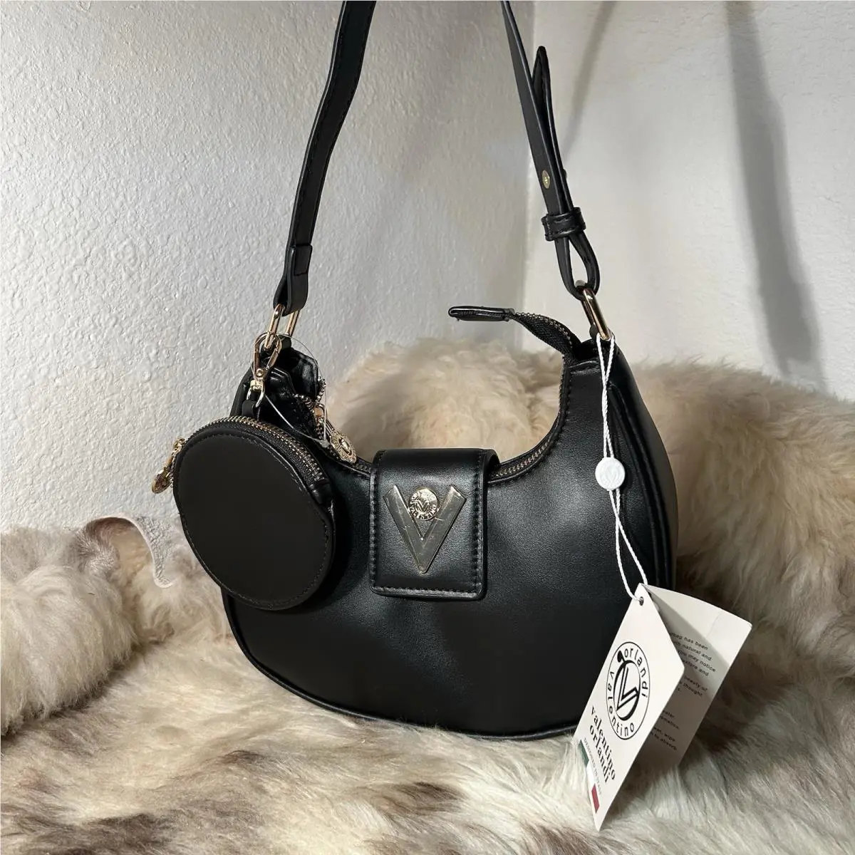 Valentino Orlandi Small Hobo Shoulder Bag with Zip Pouch - Black