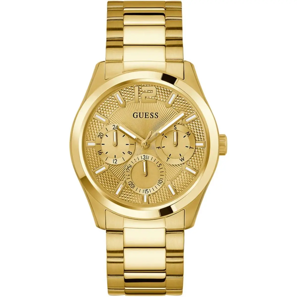 Guess Men`s Analog Watch Quartz Gold Tone Dial Steel Bracelet Day-date GW0707G3