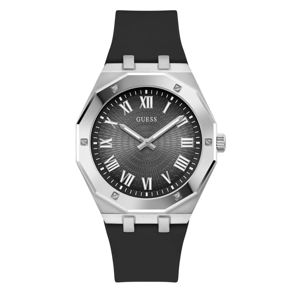 Guess Men`s Watch Quartz Silver Case Black Dial Silicone Rubber Strap GW0663G1