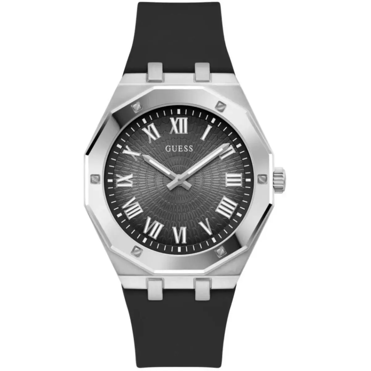 Men`s Watch Quartz Silver Case Black Dial Silicone Rubber Strap GW0663G1 by Guess