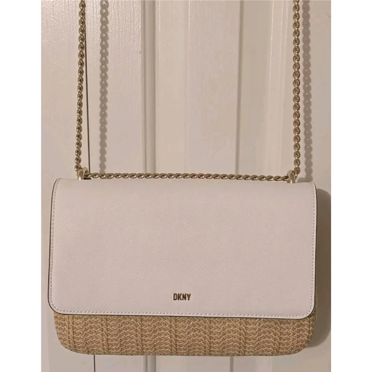 Dkny Sina Straw /leather Flap Signature Logo Shoulder/crossbody Bag