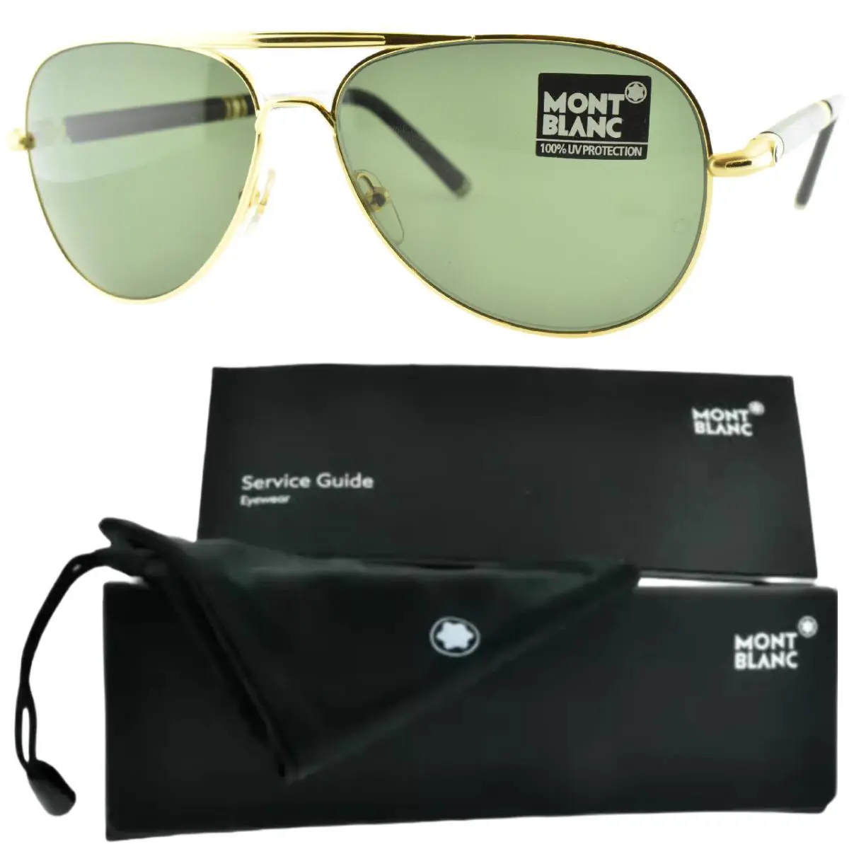 Montblanc Mont Blanc MB 519S 30N 61-14-140 Gold Black Aviator Full Rim Mens Sunglasses - Frame: Gold/Black, Lens: Green