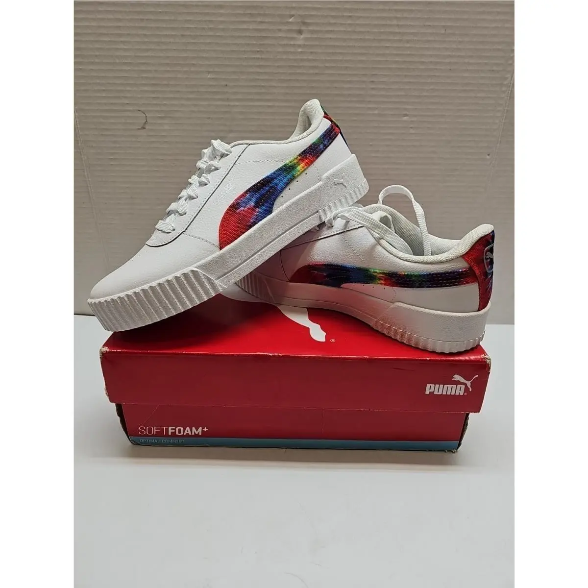 Puma Carina Tie Dye Espadrilles Women`s Sneakers White/metallic Silver Size 9