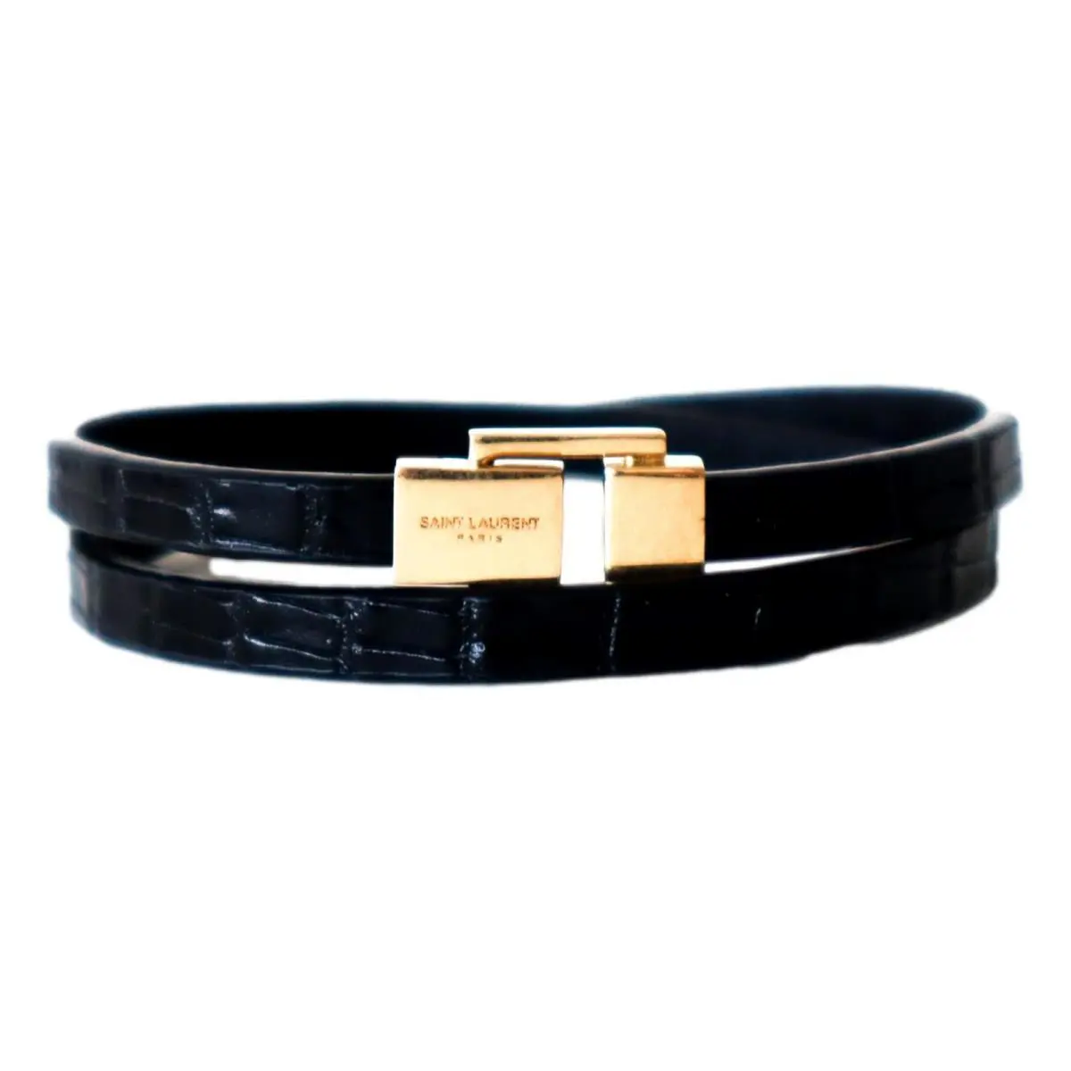 Saint Laurent Black Leather Double Wrap Bracelet Gold Clasp Medium Italy Ysl