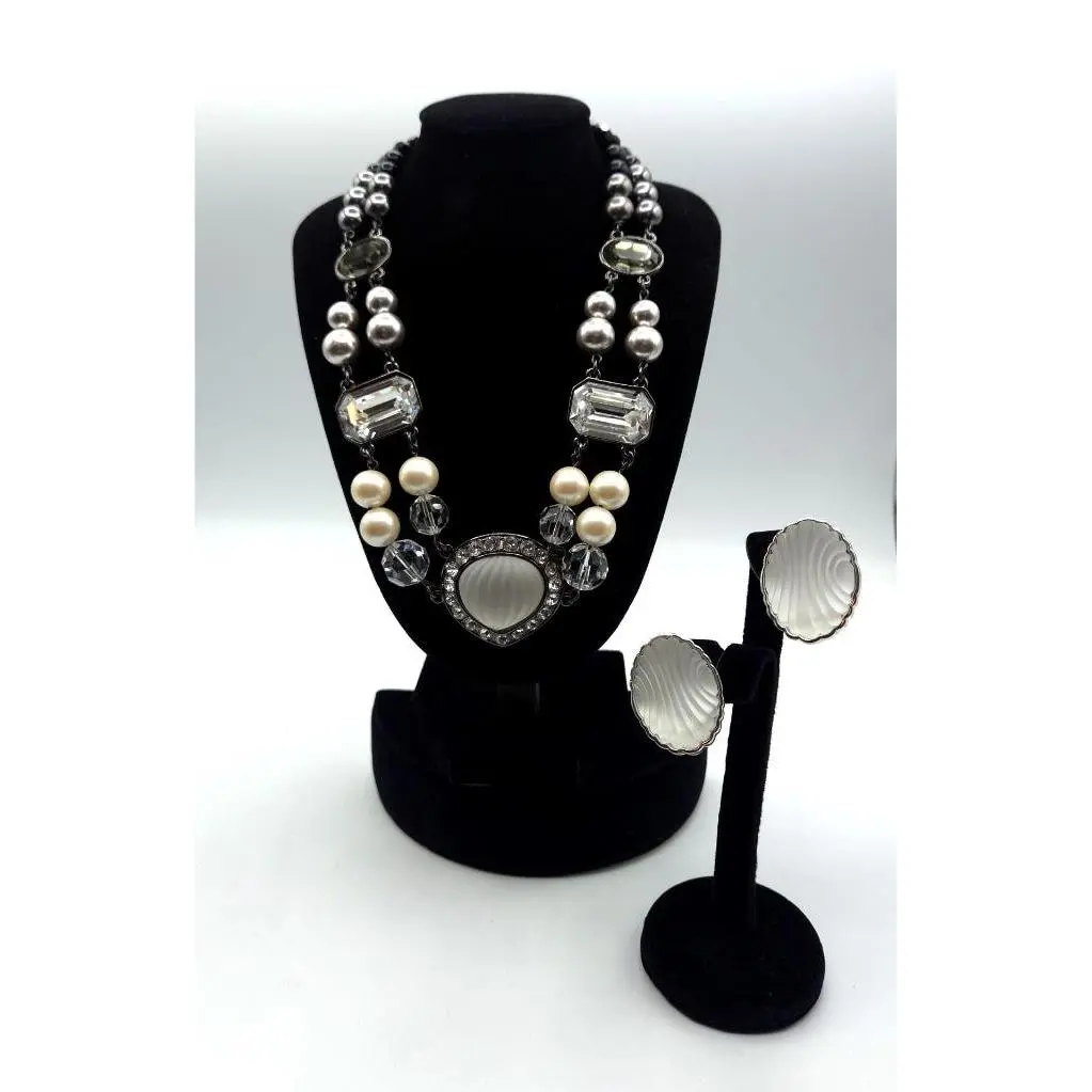 Yves ST Laurent Ysl Pearl Crystal Frosted Glass Necklace Earring Set