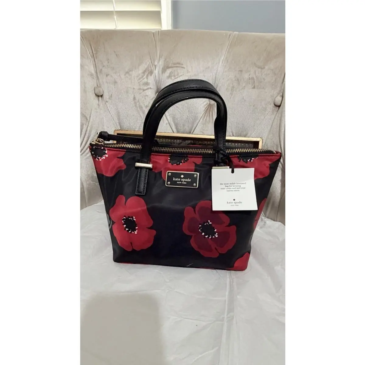 Kate Spade Poppy Rose Wilson Adalyn Bag Small Handbag Black Red Purse Tote Nylon