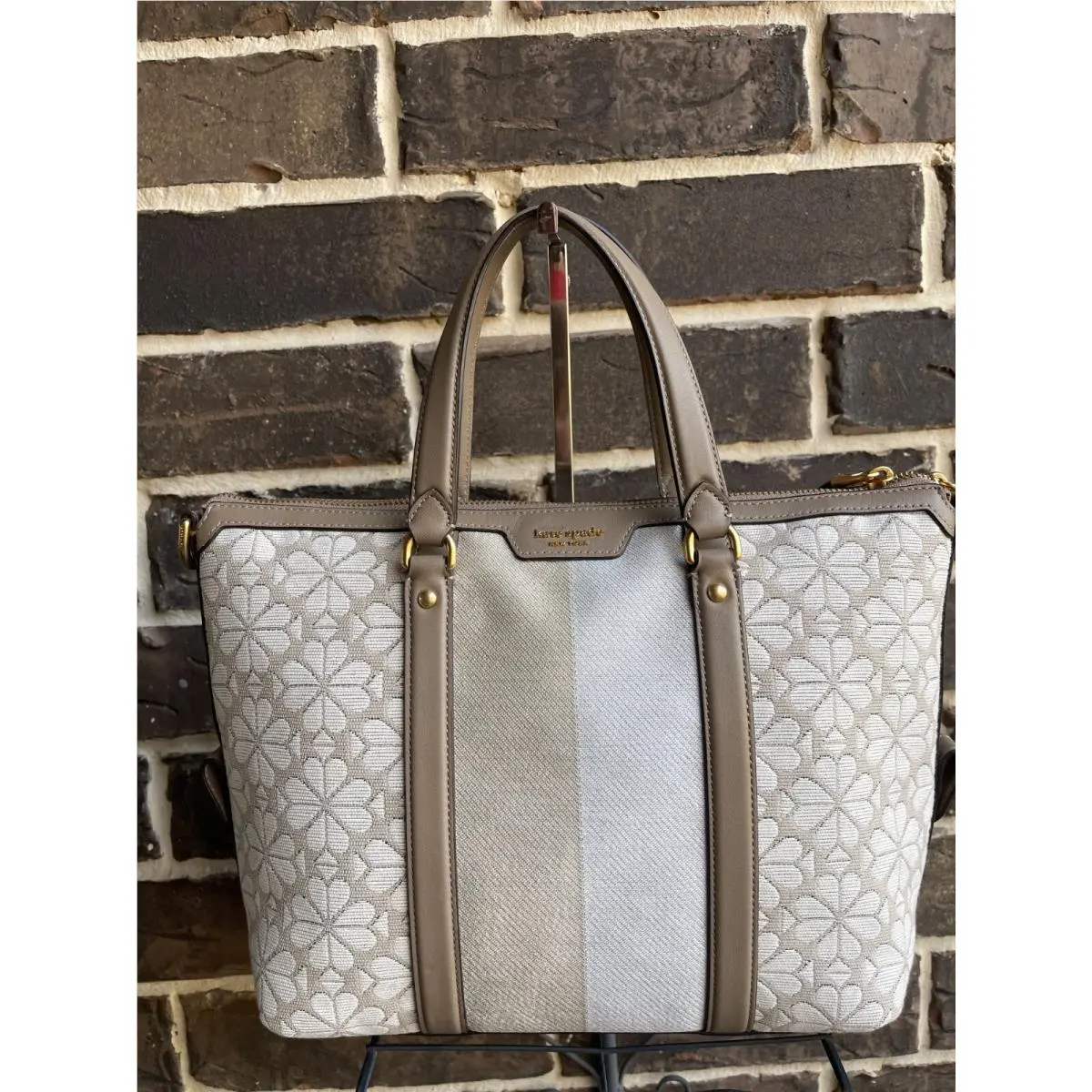 Kate Spade Spade Flower Jacquard Stripe Faye Med Satchel Beige Neutral