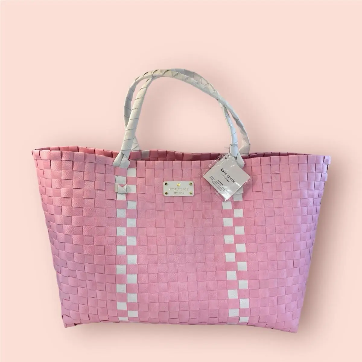 Kate Spade New York Woven Pink Large Tote Bag Weekender Beach Bag Pink