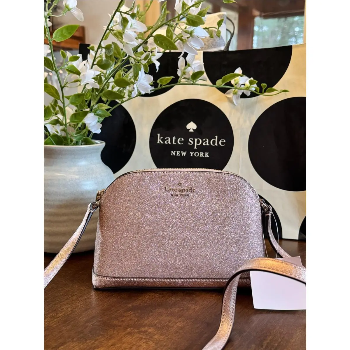 Kate Spade Tinsel Small Dome Crossbody Bag In Rose Gold Glitter Sparkly New